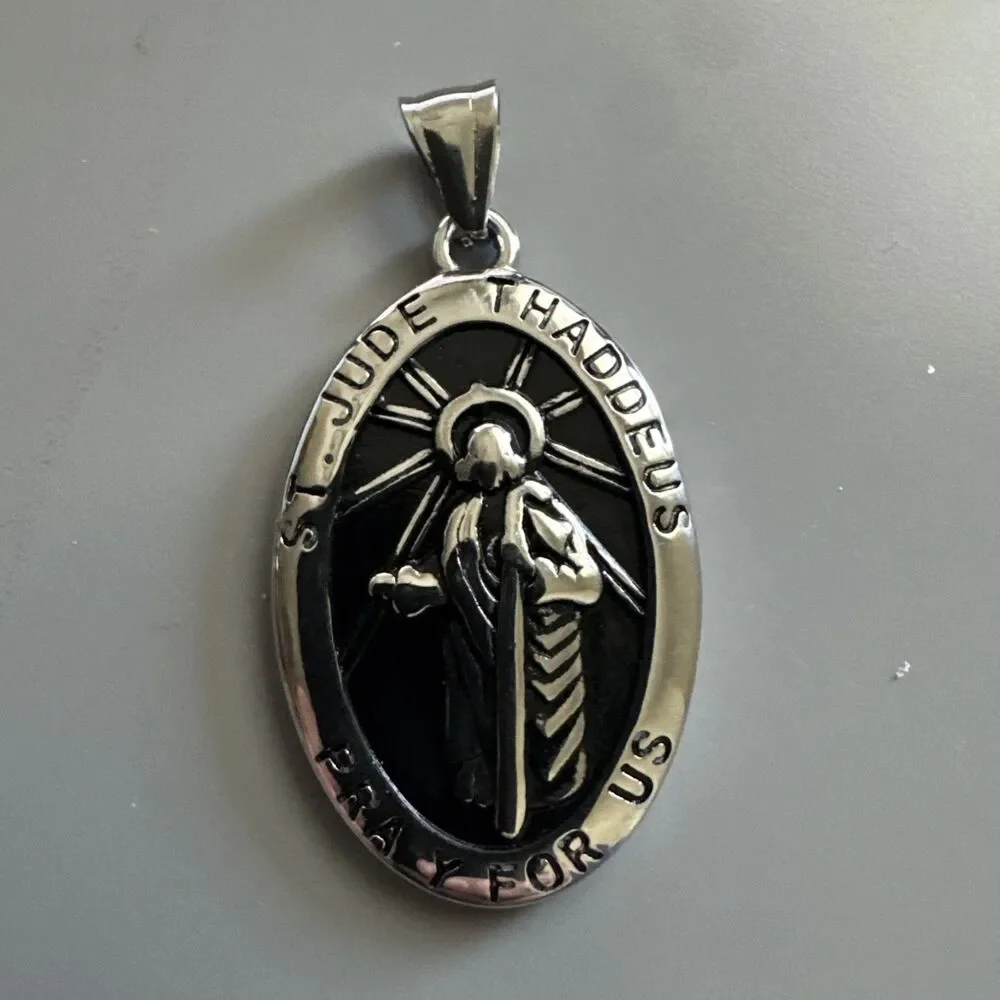 St. Jude Stainless Steel Pendant 24” Chain Religious Jesus Christ Gun Metal